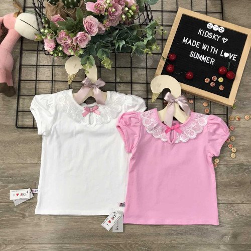 Áo thun cotton cổ ren nơ bé gái-